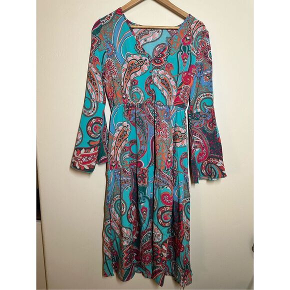 Cupshe Teal and Pink Paisley Bell Sleeve Dress Size Small New - Picture 7 of 7